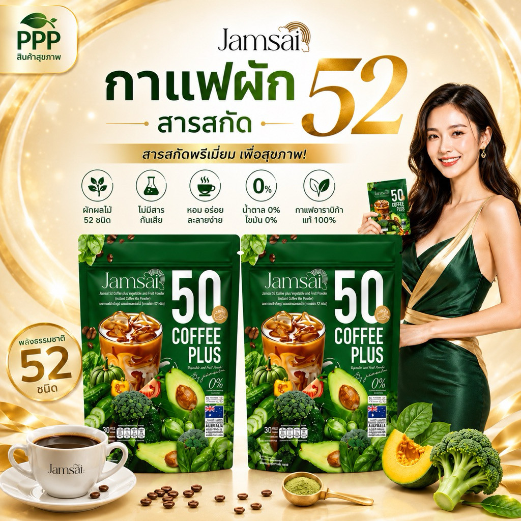 1 แถม 1 กาแฟผัก 50 ชนิด กาแฟสุขภาพ☕️🥝🍊🥑ตราแจ่มใส Jamsai 50 Coffee Plus(ห่อละ 30 ซอง)น้ำตาล 0% ไขมัน 0%
