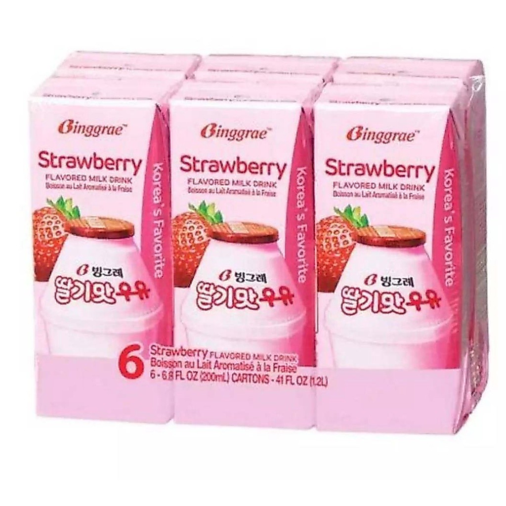 นมสตรอว์เบอร์รี่เกาหลี Bingrae Strawberry Flavor Milk 200g. แพ็ค 3 ชิ้น (3 pcs)