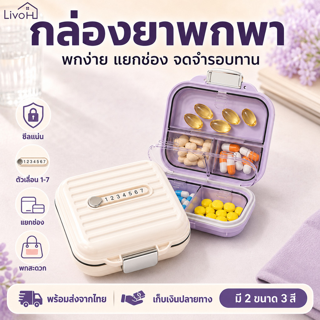 LivoHome กล่องใส่ยา 7 วัน กล่องยาแบ่งช่อง พกพาง่าย กันชื้น กันฝุ่น สำหรับยาเม็ด วิตามิน เดินทาง