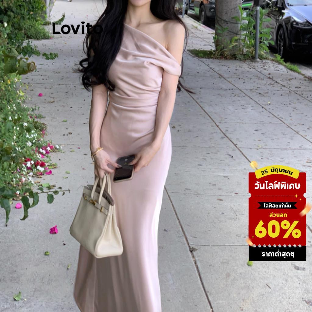 Lovito ชุดเดรสผู้หญิง เปิดไหล่ข้างเดียว เบสิก สีพื้น สไตล์ลำลอง LNM79054