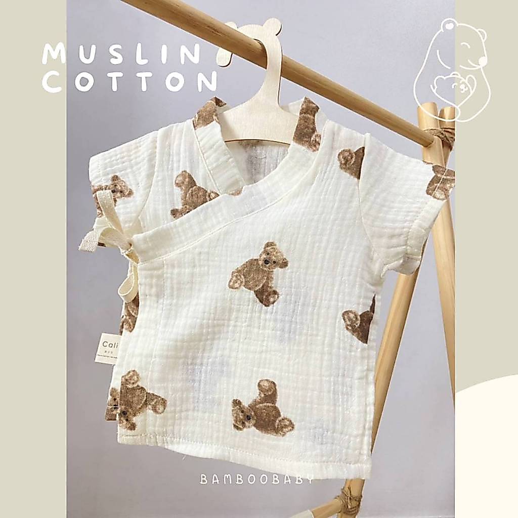 Cali เสื้อเด็กอ่อน​ ผูกหน้า ผ้ามัสลินทอ สไตล์เกาหลี ​3-6 เดือน 🤎🌷*Collection teddy *ป้าย Cali​ baby​