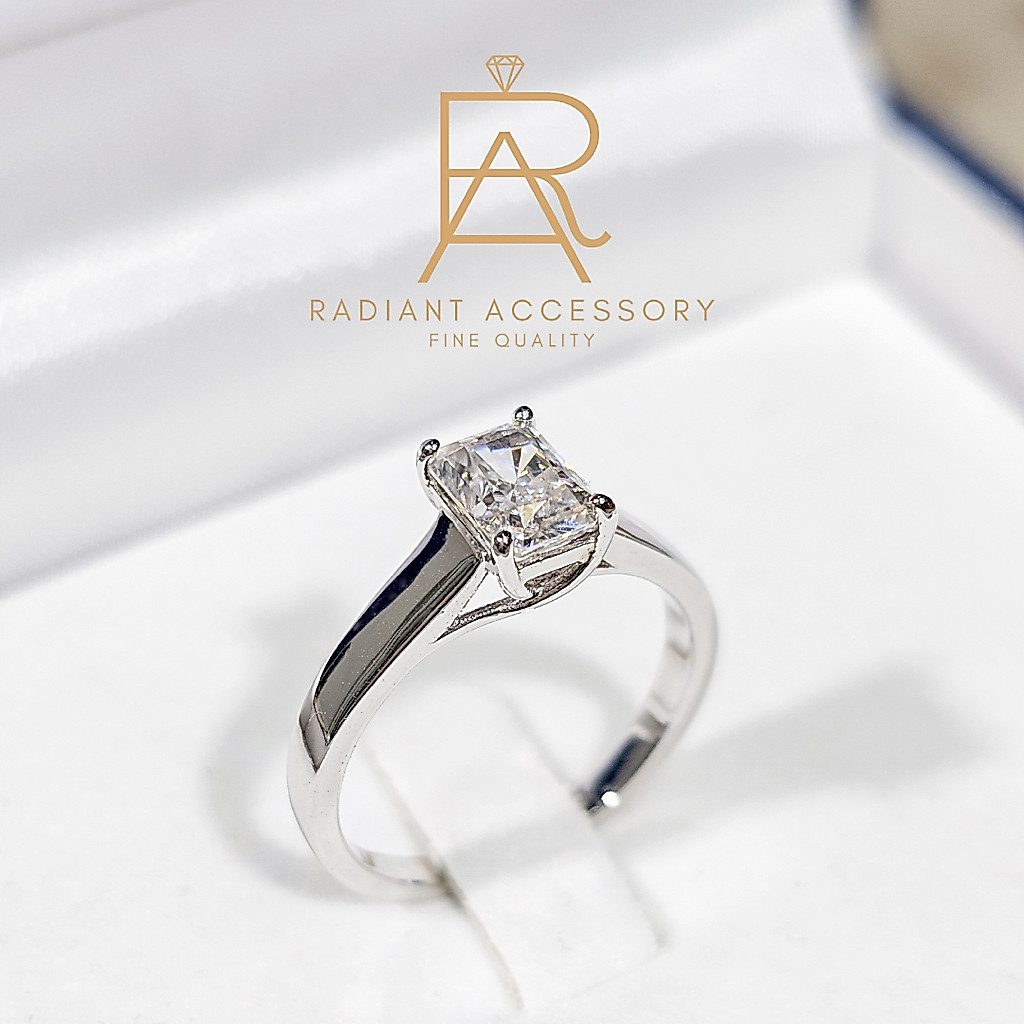 แหวนเงินแท้ ฝังเพชร Moissanite Radiant cut ชู 1กะรัต ชุบทองคำขาว