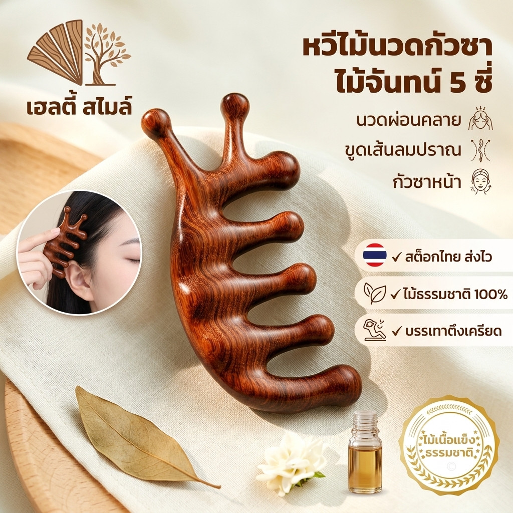 หวีไม้นวดกัวซา ไม้จันทน์ 5 ซี่ หวีนวดศีรษะ ขูดเส้นลมปราณ ไม้ธรรมชาติ 100% นวดผ่อนคลาย