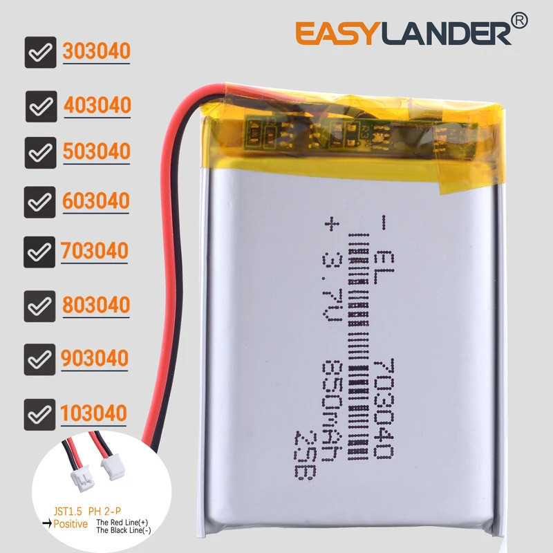 JST1.5mm 2Pin 603040 แบตเตอรี่ลิเธียมโพลิเมอร์ลิเธียมไอออน 3.7V 800mAh 303040 403040 503040 703040 8
