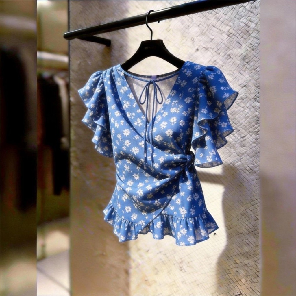 Blue Floral Top 2026 Lace-Up แคบ-เอว Slimmer ดูเสื้อผู้หญิงสไตล์จีนใหม่ไขมันเล็กน้อย Scheming เสื้อขนาดเล็ก