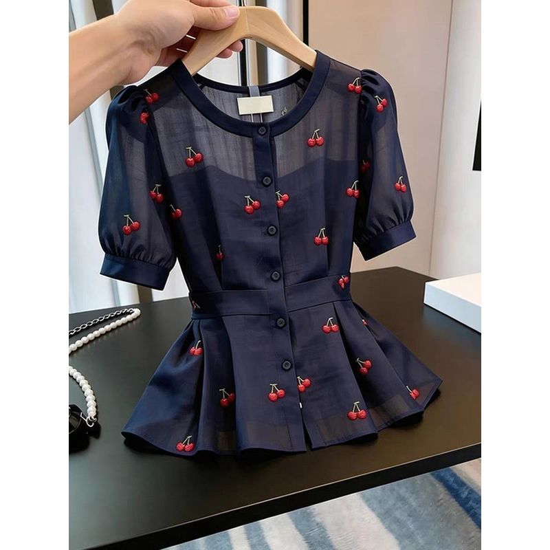 2026 Chic Very Fairy Top สวยลดอายุสไตล์ตะวันตก Navy Blue รูปที่ 8