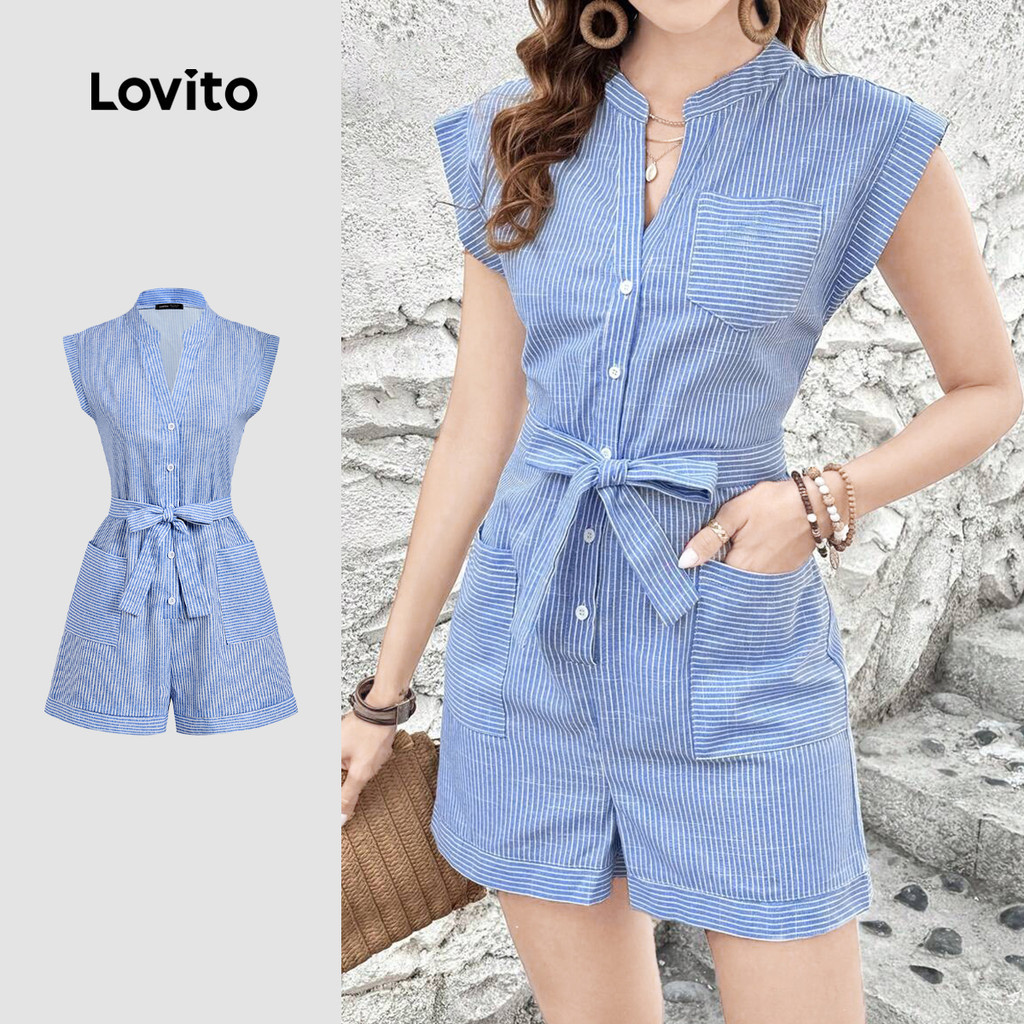 Lovito สง่างาม ชุดจั๊มสูทพิมพ์ลายผูกเชือกผูกโบว์มีกระเป๋า สีฟ้า สำหรับผู้หญิง เหมาะสำหรับฤดูใบไม้ผลิ/ฤดูร้อน L243AD658