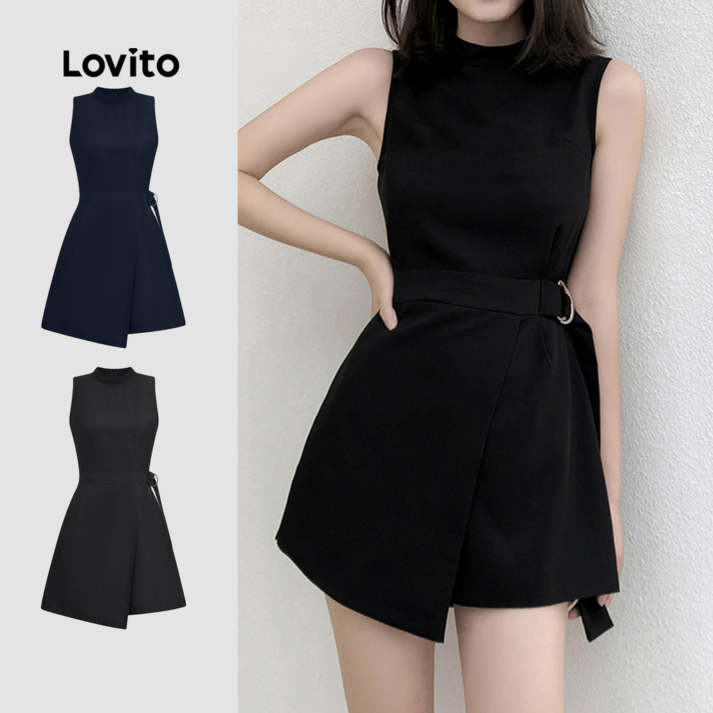 Lovito สง่างาม ชุดจั๊มสูทสีดําหัวเข็มขัดโลหะอสมมาตรฤดูใบไม้ผลิ/ฤดูร้อนสําหรับผู้หญิง L135A2D274