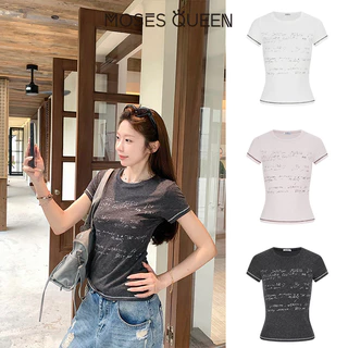 MOSESQUEEN มอสเซควีน เสื้อยืดแขนสั้นพิมพ์ลายตัวอักษรสไตล์อเมริกันดีไซน์คอกลมเข้ารูปเหมาะกับผู้ชาย #63748