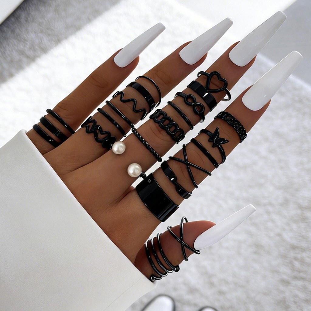 [Gorgeousxx] Hollow Love Heart Wavy Geometric Line Ring Suit for Women Joint Rings Jewelry Gift
