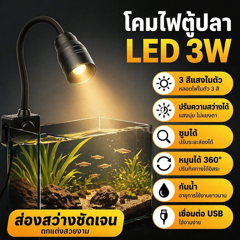 โคมไฟตู้ปลา LED 3W USB ปรับมุมลำแสง 3 สี เลี้ยงไม้น้ำ เลี้ยงปะการัง กันน้ำ หมุนได้ 360