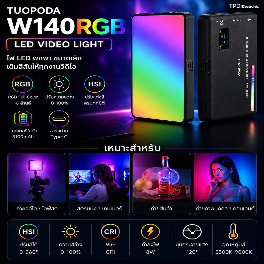 TUOPODA W140 RGB LED Video Light ไฟ LED สำหรับถ่ายวิดีโอ