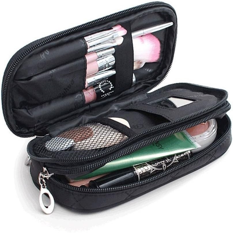 Lmsy กระเป๋าเครื่องสําอางสไตล์มืออาชีพพร้อมกระจกสุภาพสตรีกระเป๋าจัดเก็บ 2 ช่องสามารถเก็บเครื่องสําอา