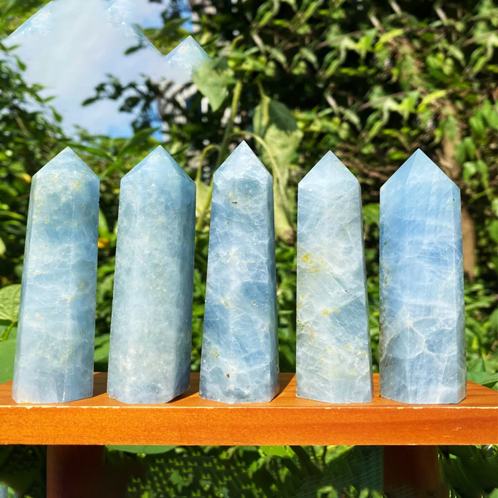ธรรมชาติ Celestine คริสตัลหกเหลี่ยม Prism Single Point Wand ตกแต่งบ้านหัตถกรรม Figurines คอลัมน์ Blue Celesite โยคะสมาธิ