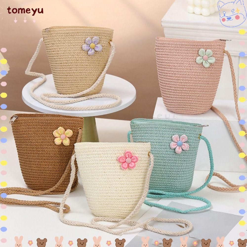 กระเป๋าสะพายข้างสำหรับเด็ก มีซิปและโบว์ ทำมือจากเส้นใยธรรมชาติ