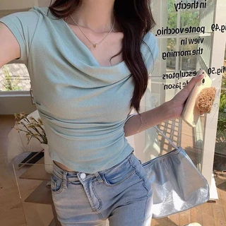 DOMI เสื้อที-เชื้อสั้นสำหรับผู้หญิงสไตล์แฮทแมม เสื้อคอหนึ่งข้างแบบคลิ้นลอยลาง เสื้อช่วยรูปร่างและผสานได้หลายแบบ