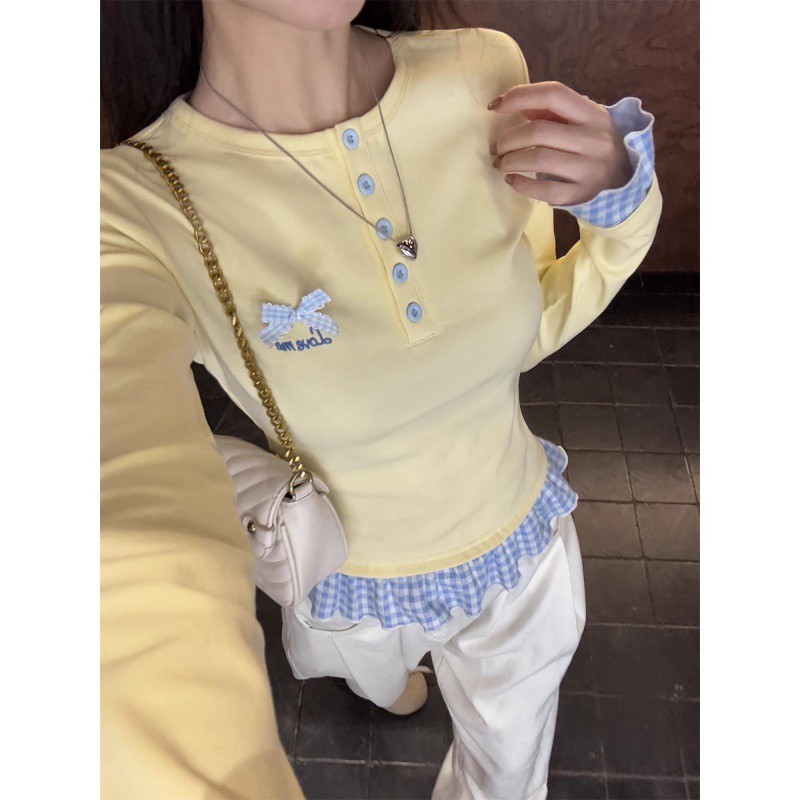 40เกลียวDopamineเย็บปลอมสองชิ้นเสื้อยืดแขนยาวผู้หญิง2025 ฤดูใบไม้ร่วงสไตล์Slim-Fitด้านในด้านบนเข็มสไ