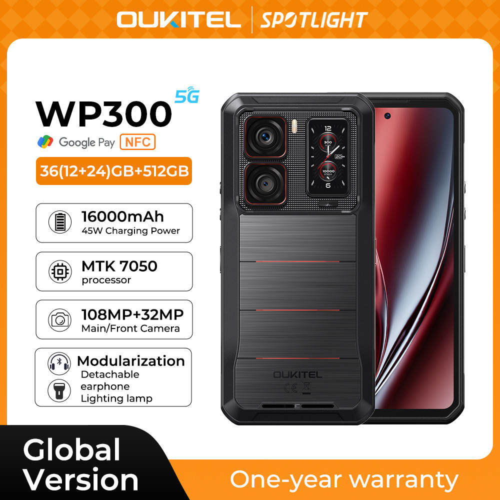 Oukitel WP300 โทรศัพท์ที่ทนทาน 16000mAh 36GB(12+24) GB + 512GB Modular ที่ถอดออกได้เอียร์บัด/แคมป์ 6