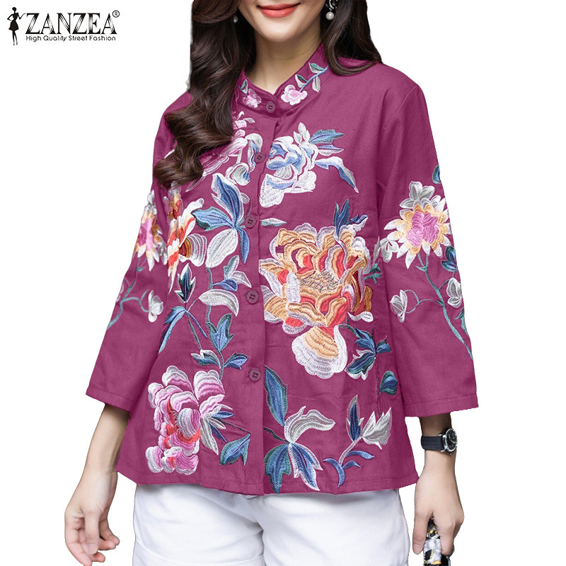 ซานเซีย วินเทจหรูหรา พิมพ์ลายดอกไม้ แขน3/4 เสื้อยืนปุ่มขึ้นสำหรับผู้หญิง - รูปที่ 4