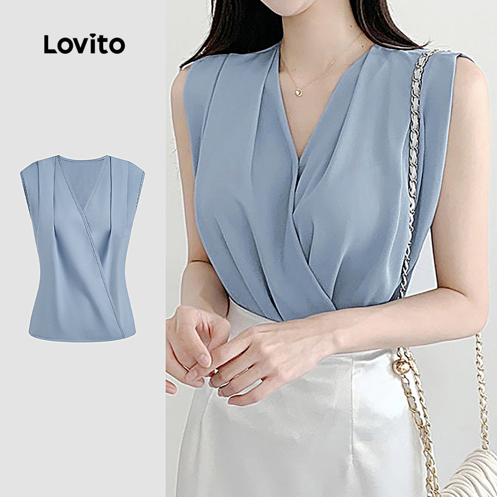 Lovito เสื้อลายพับเก็บแบบเรียบหรูสำหรับสาว ๆ เหมาะสำหรับฤดูใบไม้ผลิ/ฤดูร้อน สีน้ำเงินเทา L142ED340