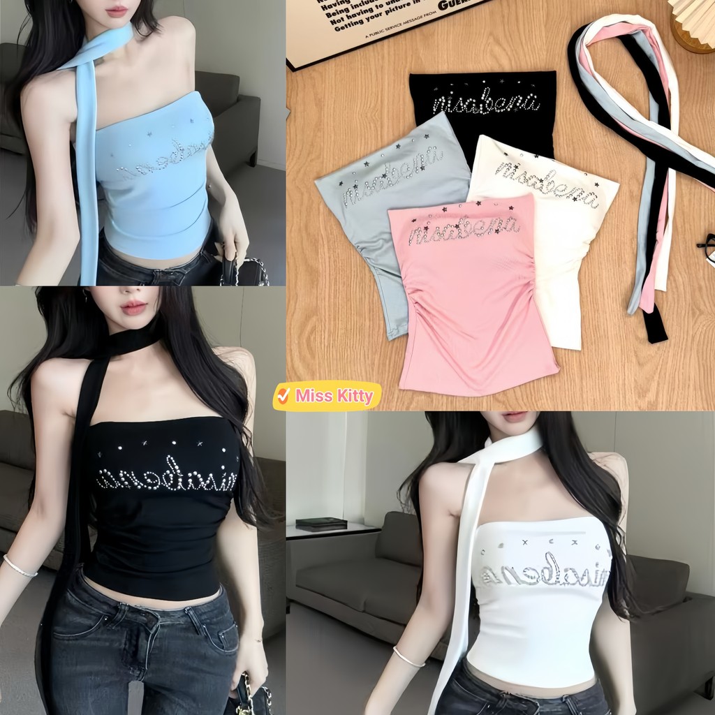 พร้อมส่ง เสื้อแขนกุด มีฟองน้ำ สีพาสเทล แถมสายคล้องคอเก๋ไม่ไหว เซ็กซี่ ผ้ายืด"FY943"🎀Miss Kitty❤️