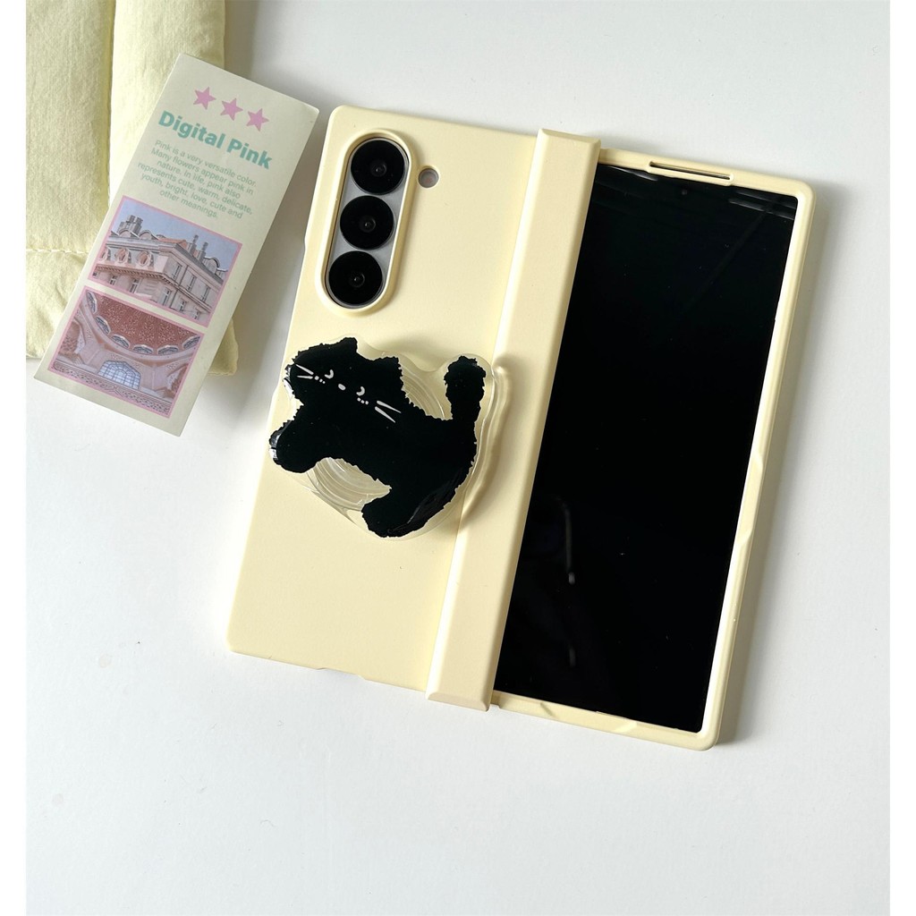 SAMSUNG Insเคสโทรศัพท์สีทึบน่ารักพร้อมวงเล็บลูกแมวสีดําสําหรับSamsung Galaxy Z Fold7 Z Fold7 ZFold 7