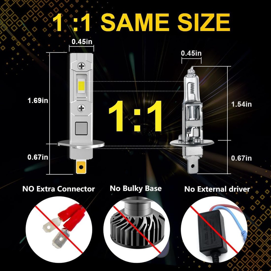 H1 หลอดไฟ LED อัพเกรด +สว่าง 600% 24000LM 120W, ไฟสูงและต่ํา,6500K Cool White,1:1 Mini Size Plug and