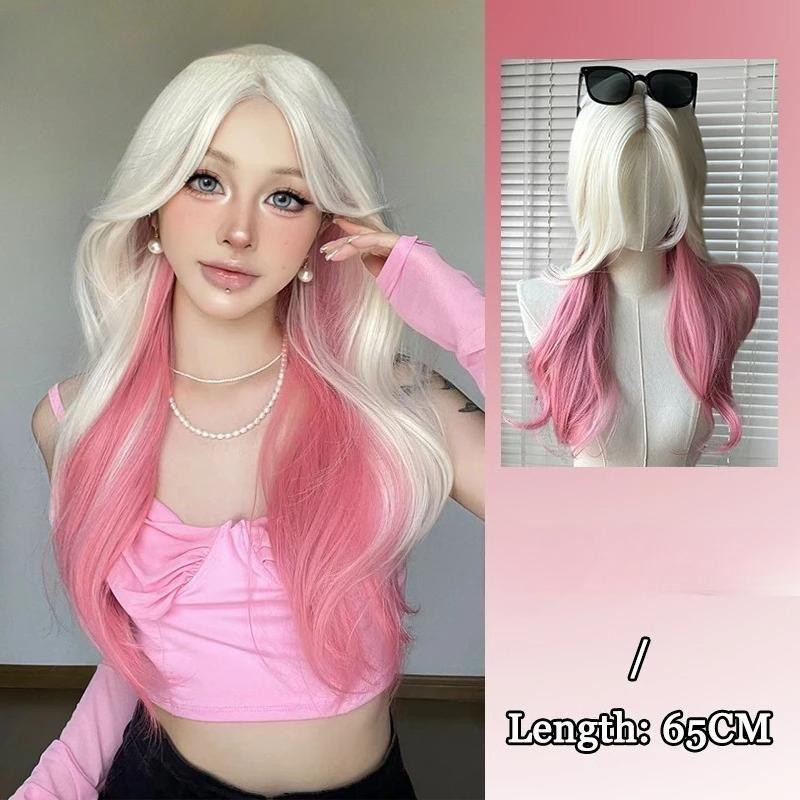 วิกผมตรงยาวสีชมพูและขาว ผมสังเคราะห์ เหมาะสำหรับสไตล์lolitaและcosplay ทนความร้อน