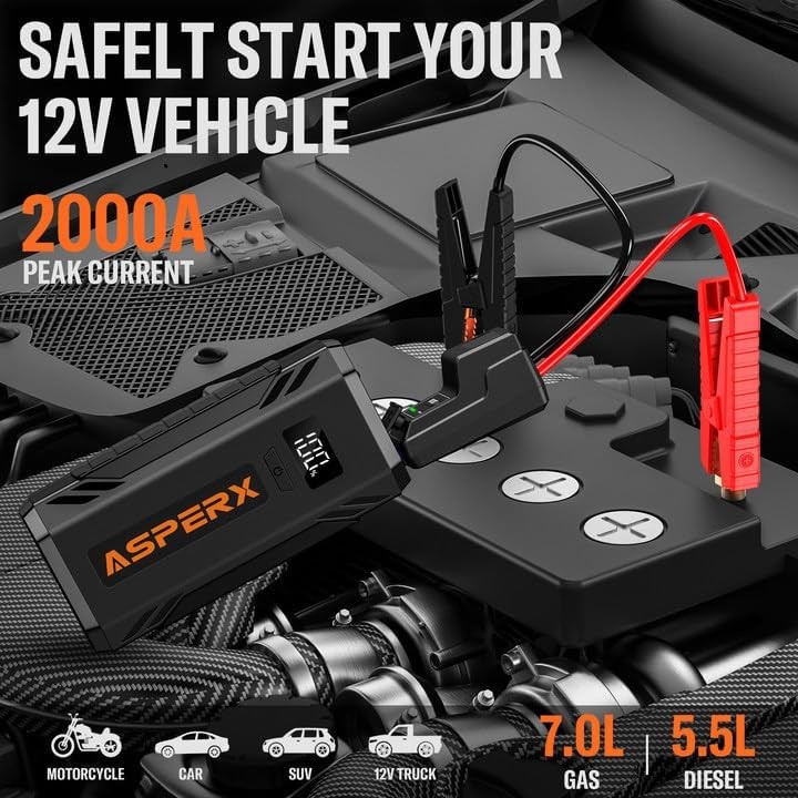 ASPERX รถ Jump Starter, 2000A Peak แบตเตอรี่ Jump Starter สําหรับเครื่องยนต์ดีเซลสูงสุด 7.0L หรือ 5.