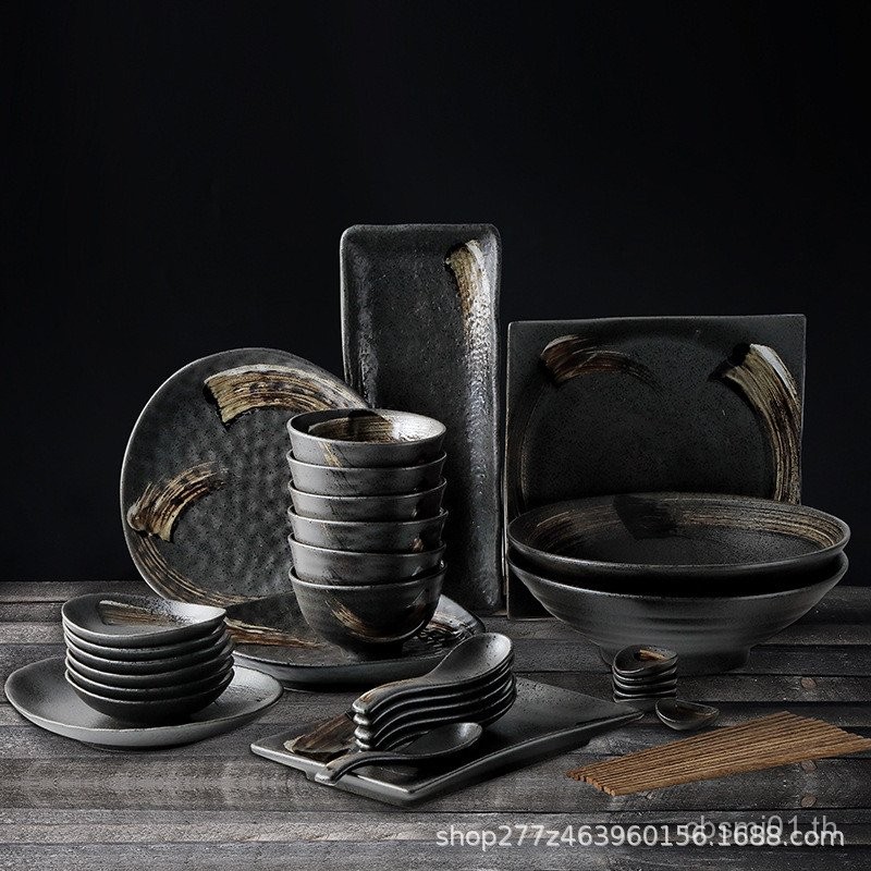 Retro ญี่ปุ่นชุด Frosted Texture ชามจานชามข้าวในครัวเรือนจานแบนชุดหลายคนร้านอาหารโรงแรม 888 3BE4