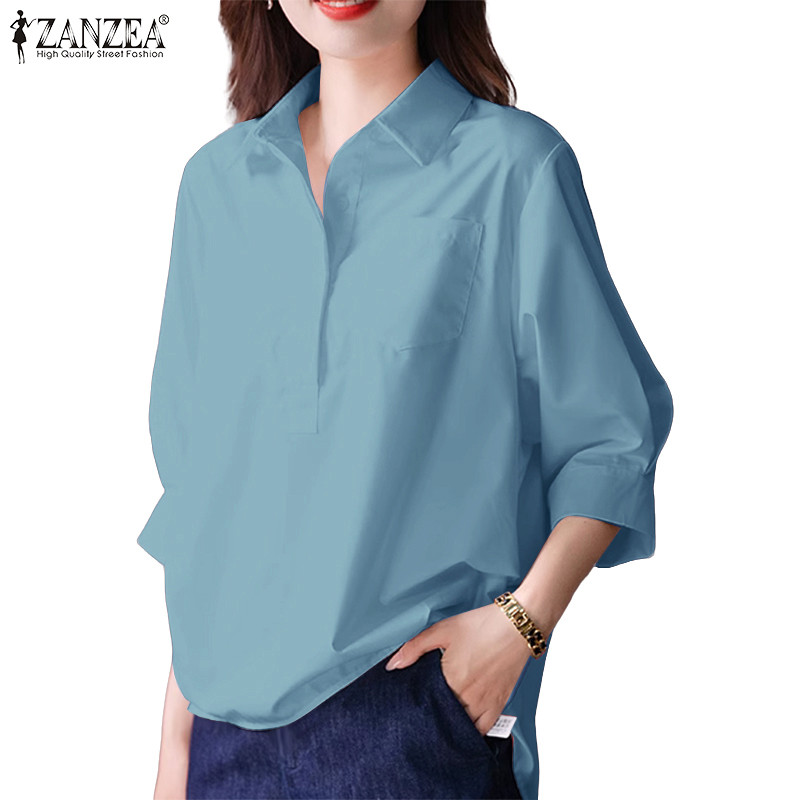 ZANZEA เบลาส์แบบเกาหลี มีกระเป๋าและแพทช์ ดีไซน์แขนสามส่วน