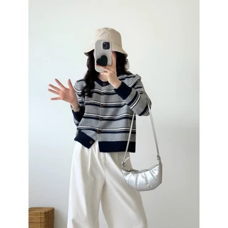 PUDDING พร้อมส่ง เสื้อแขนยาว คาร์ดิแกนไหมพรม คอกลม ดีเทลแต่งลายทางสีพื้นผ้านุ่มนิ่มๆ-W-K086