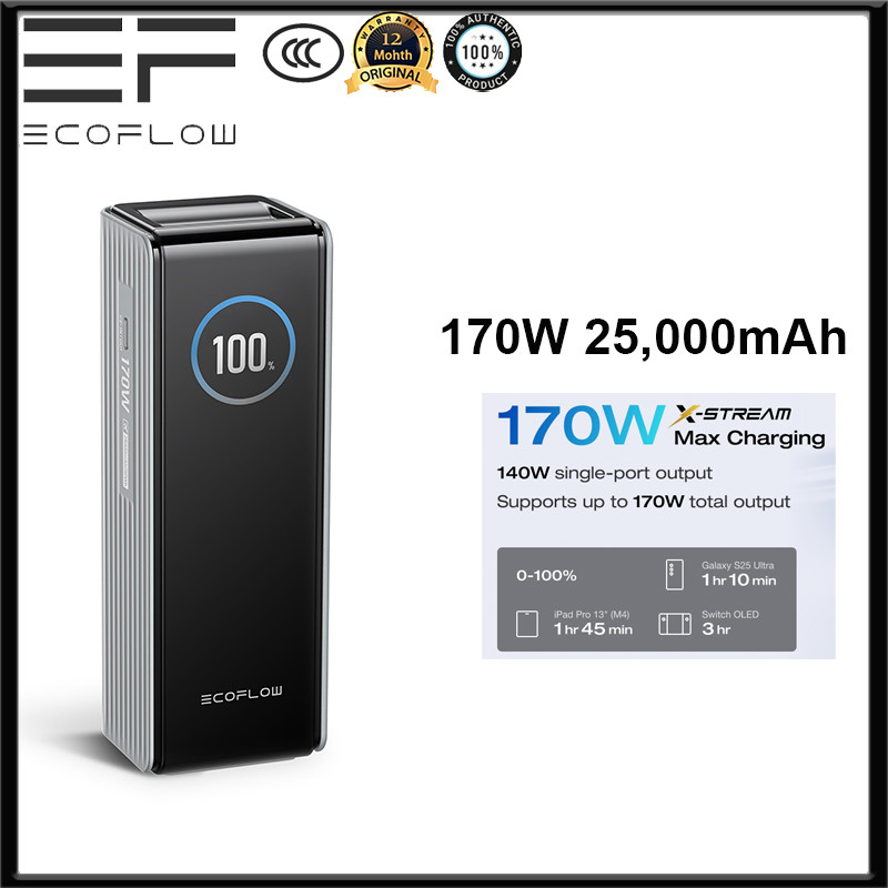 EF ECOFLOW Rapid Power Bank 25000mAh 170W ชาร์จแบบพกพาพร้อมพอร์ต USB-C คู่ 140W สมาร์ทหน้าจอ TFT Fas