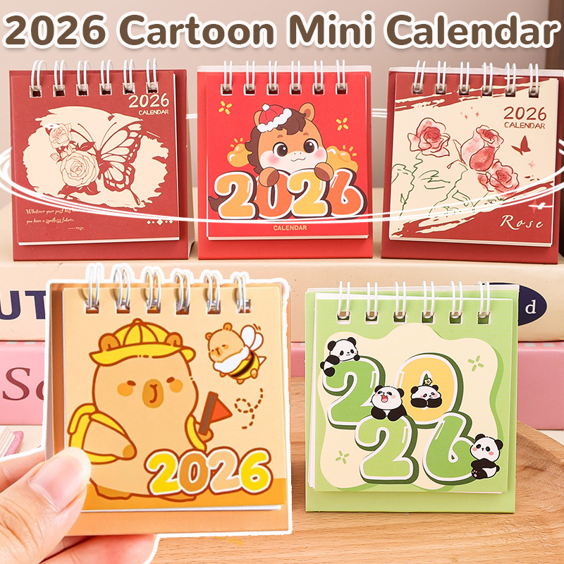 ปฏิทินตั้งโต๊ะขนาดเล็ก 10 ชิ้น 2026 พร้อมการออกแบบการ์ตูนน่ารัก | 4 รูปแบบสุ่ม: โพนี่, แพนด้า, คาปิบาระ, ผีเสื้อ, ที่จัดกระดาษที่ทนทานสําหรับโต๊ะทํางาน