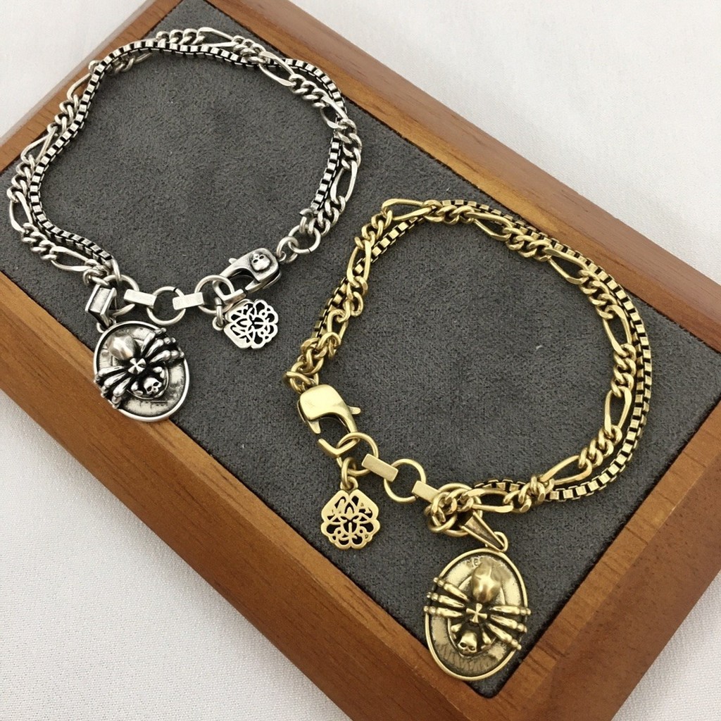 MC22新款骷髅头圆牌手链女个性复古气质朋克风双层链条别针手环