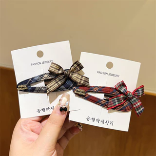กิ๊บผมพร้อมโบว์ ลายสก๊อตสีแดงสวยงาม สไตล์ญี่ปุ่นและเกาหลี มีคลิปหนีบผม สไตล์เรียบหรู