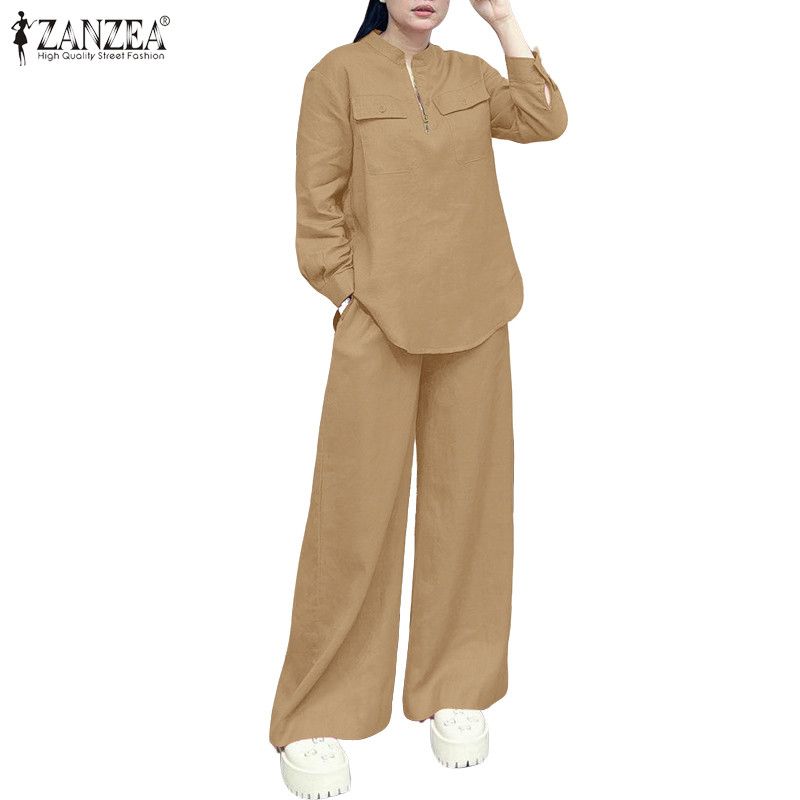 ZANZEA ซานเซีย ชุดสองชิ้นแขนยาวสำหรับผู้หญิง สไตล์เกาหลี ชุดทำงานลำลอง ดีไซน์ซิปรอบคอกึ่งกลางและทรง flare