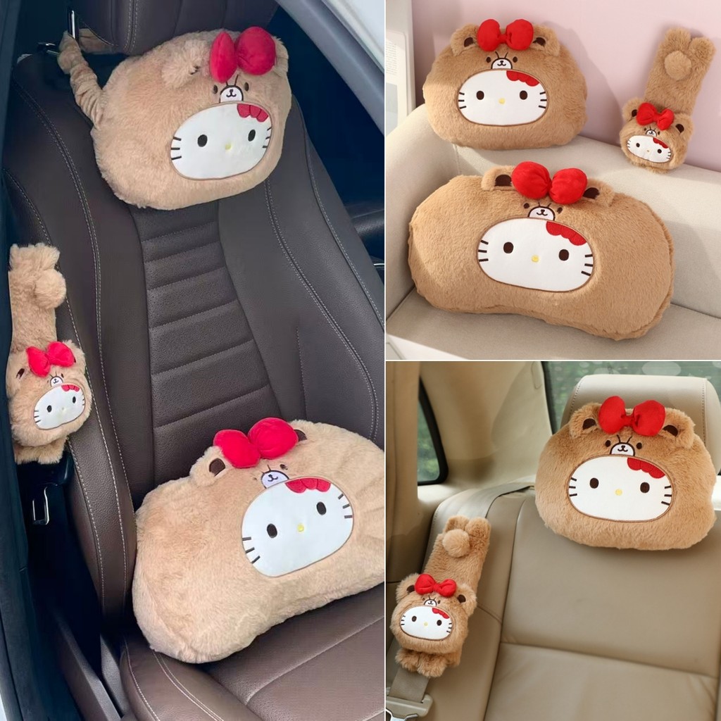 Kawaii Hello Kitty Car Headrest เข็มขัดนิรภัยการ์ตูนอะนิเมะตุ๊กตารถอุปกรณ์เสริมเบาะหลัง