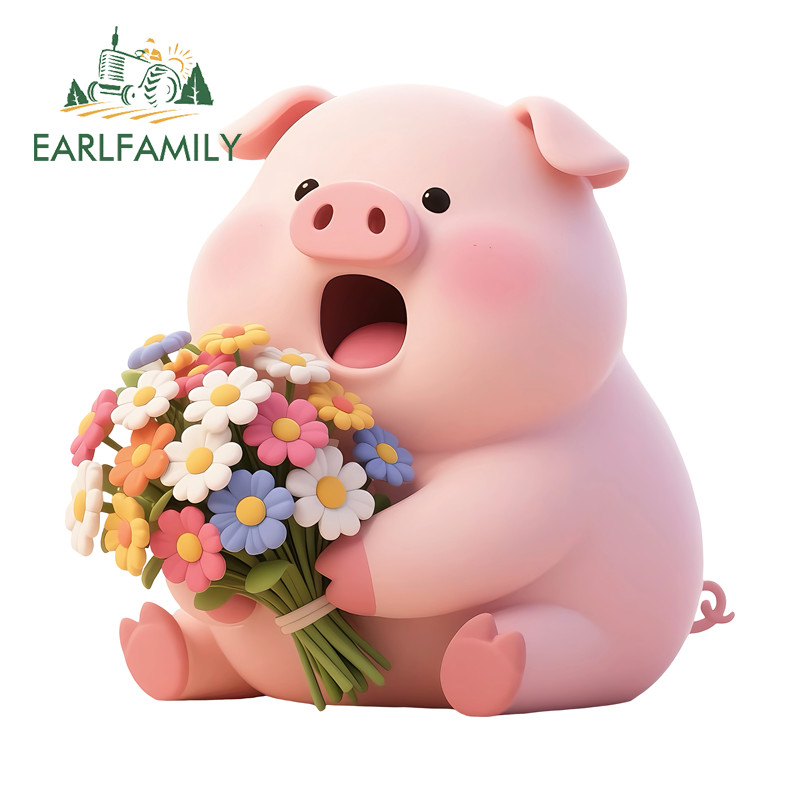 EARLFAMILY หมูสีชมพูดอกไม้รถสติกเกอร์ Campervan Tumbler สเก็ตบอร์ดกระจก PVC Decal Occlusion Scratch กันน้ํารถอุปกรณ์เสริม