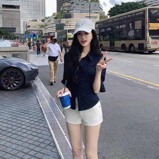 เสื้อโปโลสำหรับผู้หญิง สไตล์เกาหลี ทำจากผ้าฝ้ายและผ้าลินิน สีทึบ ดีไซน์ครึ่งแขนพร้อมเข็มขัด