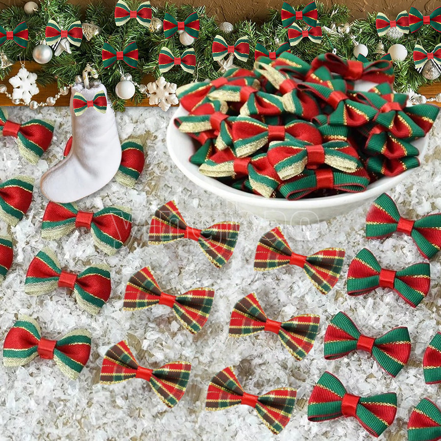 20-100 ชิ้นมินิคริสต์มาสโพลีเอสเตอร์โบว์สําหรับ Xmas Twist Tie Bowknot คริสต์มาส DIY Craft เย็บ Scrapbooking ห่อของขวัญ