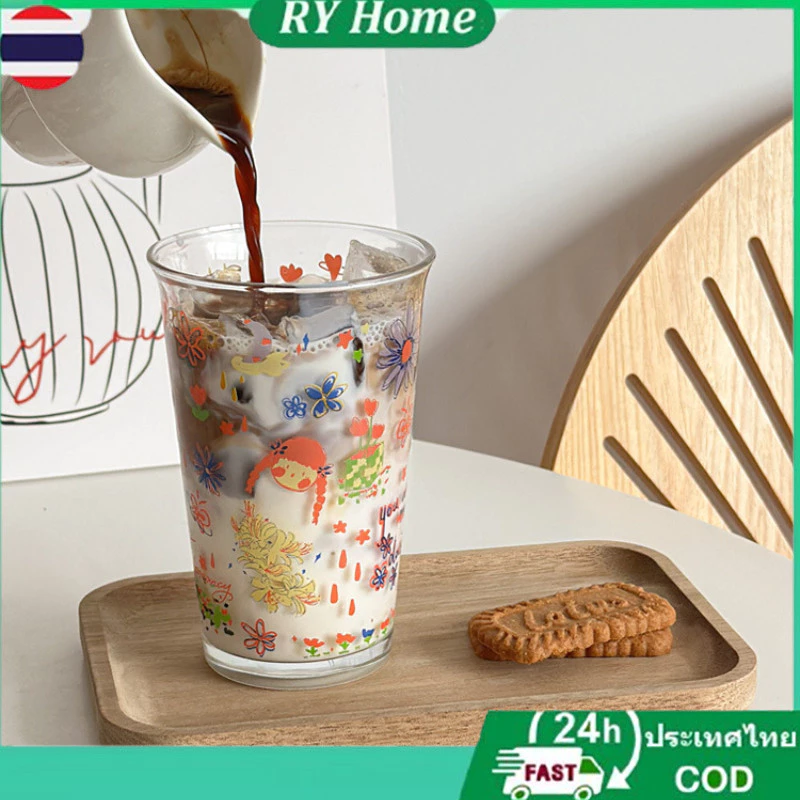 RY 400ML สาวโดพามีนลวดลาย แก้วมัทฉะ แก้วชงมัทฉะ แก้วกาแฟ หนา สไตล์มินิมอล น่ารัก 24Hพร้อมส่ง