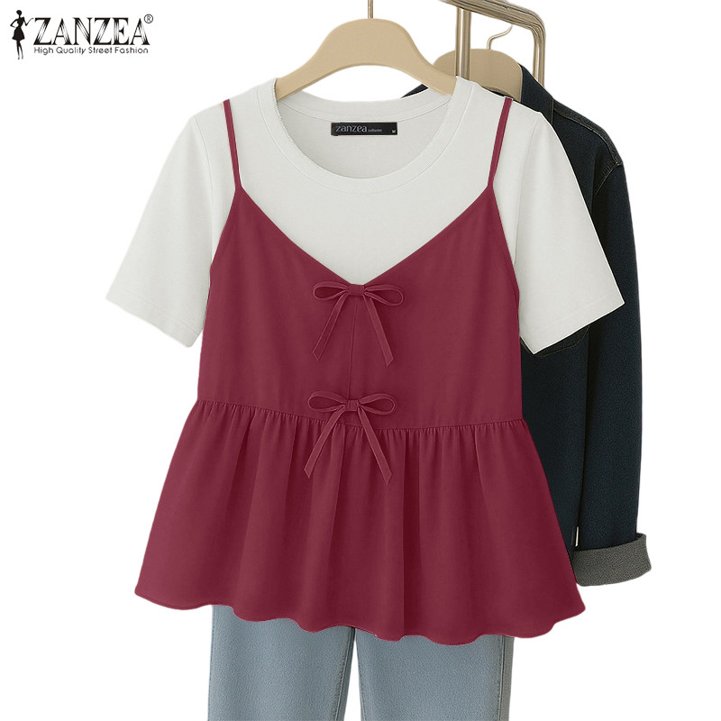 ZANZEA เสื้อยืดผู้หญิง สไตล์เกาหลีหวาน โบว์โนต และแพทช์เวิร์ค