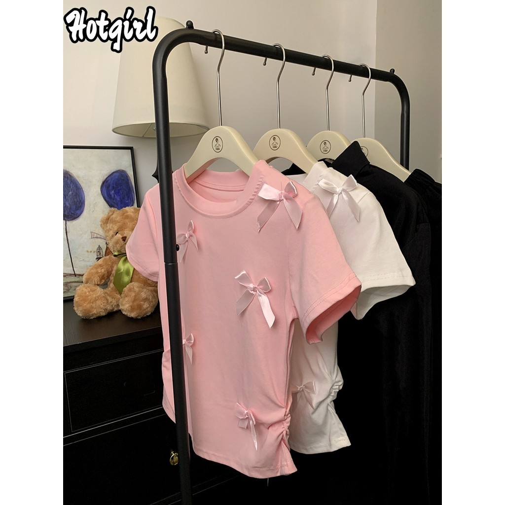 Hotgirl พร้อมส่ง เสื้อยืดผู้หญิง เสื้อน่ารัก แขนสั้นสีพื้น รุ่นใหม่ล่าสุด หวาน แต่งโบว์ สไตล์เกาหลี