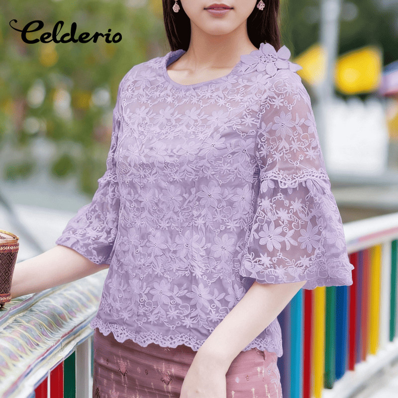 Celderio ครึ่งแขนเสื้อสไตล์แฟลร์ ลายเย็บปักถักร้อยดอกไม้ ดีไซน์โอโคสำหรับผู้หญิง