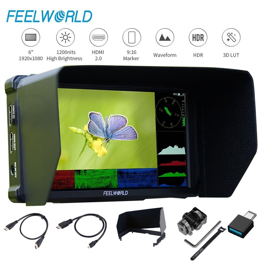 FEELWORLD FW568 PRO 6" กล้อง Field Monitor IPS FHD หน้าจอ 3D LUT 1200nit อินพุต 4K DSLR วิดีโอ Peaki