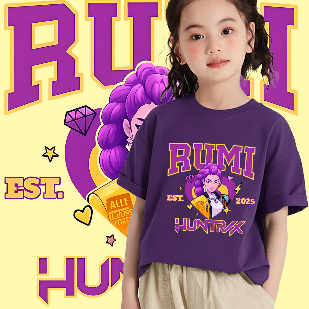 KPOP Demon Hunters Huntrix RUMI 11 สี เสื้อยืดเด็ก ทนทานและทนทาน Oversized 95-150CM เสื้อคอกลม