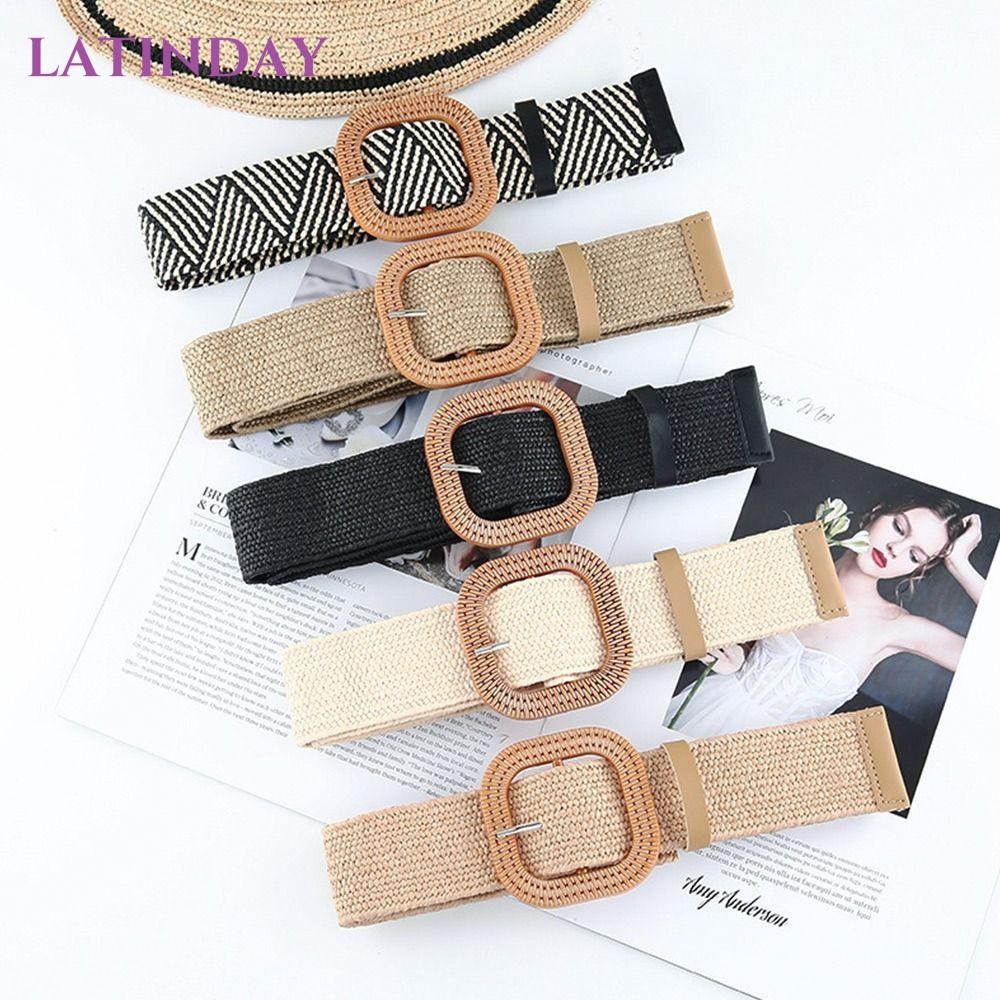LATINDAY เข็มขัดฟาง Bohemian Elastic Fashion Braided Waistbelt