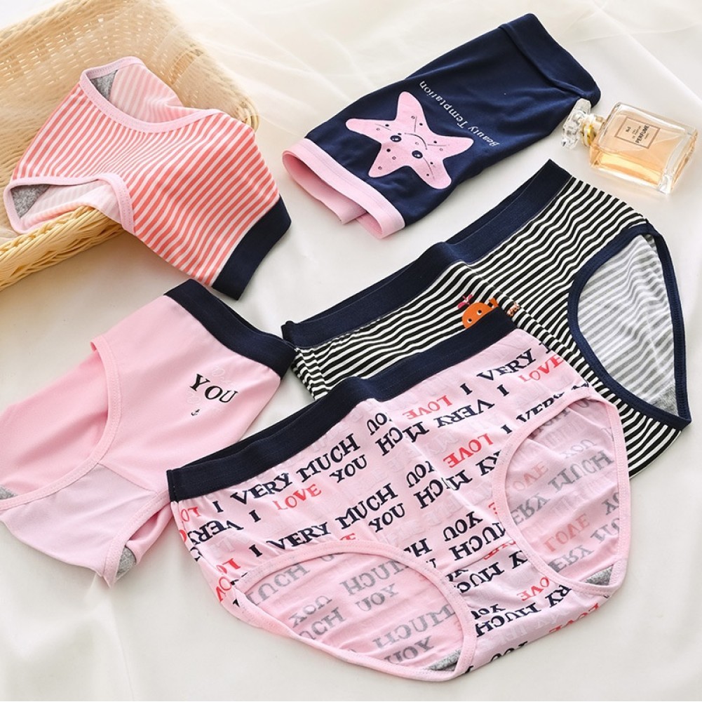 Cs015ตัวอักษรกลางเอวระบายอากาศกางเกงในผู้หญิงสไตล์ญี่ปุ่นน่ารักหวานพิมพ์ลายนักเรียนกางเกงขาสั้นสามเห