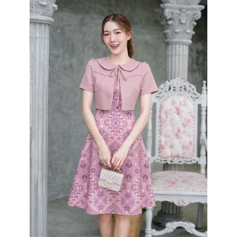 730ชุดเดรสลายไทยแต่งลูกไม้ลายสวยมาก